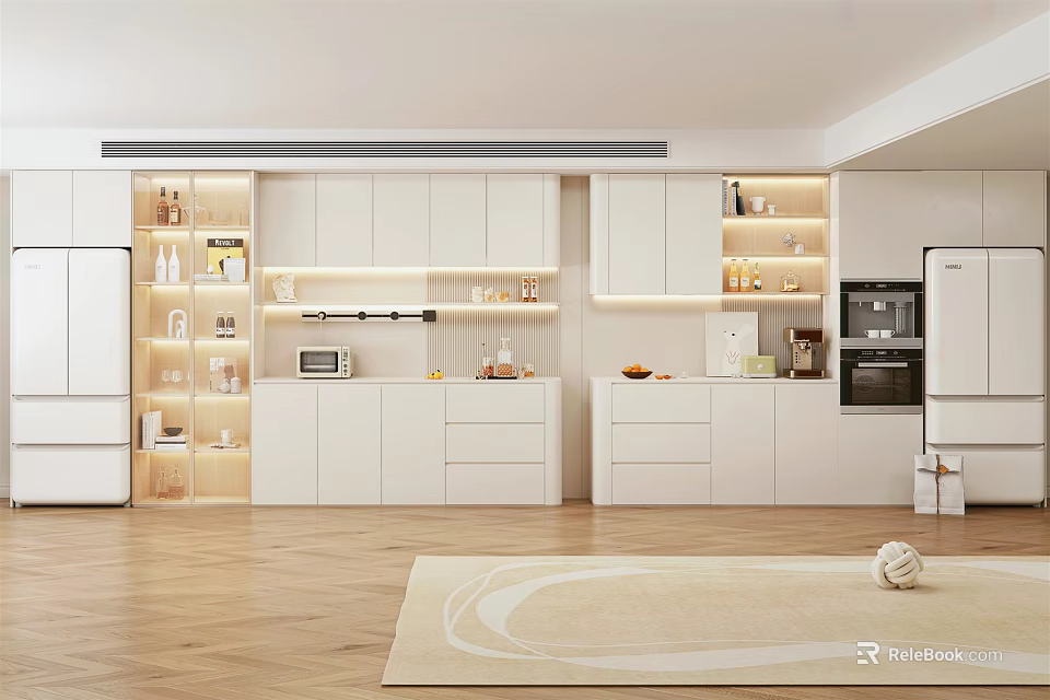 Modern Open Kitchen Interior With Stylish Wine Cabinet White Cabinets LED Lighting And Glass Shelves 3d model 