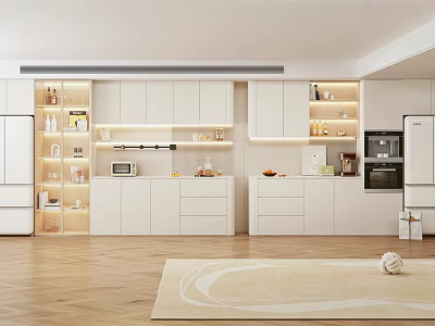 Modern Open Kitchen Interior With Stylish Wine Cabinet White Cabinets LED Lighting And Glass Shelves 3d model