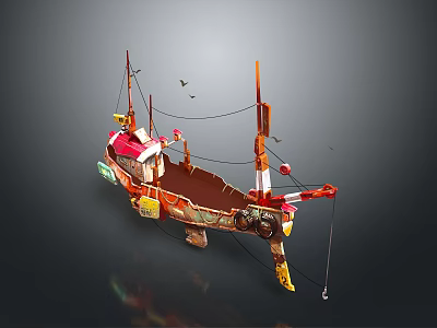 Colorful Vintage Fishing Boat With Red Mast Ropes And Decorative Elements 3d model