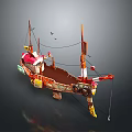 Colorful Vintage Fishing Boat With Red Mast Ropes And Decorative Elements