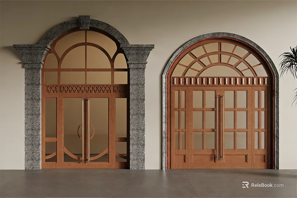 Elegant Arched Double Doors With Wooden Frames Glass Panels And Stone Surrounds 3d model 