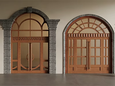 Elegant Arched Double Doors With Wooden Frames Glass Panels And Stone Surrounds 3d model