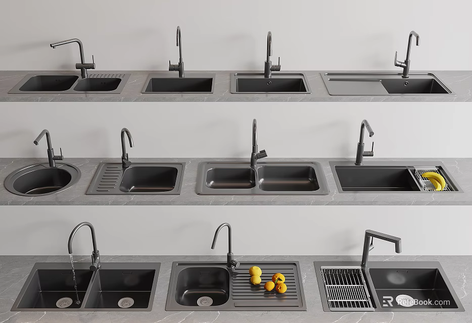 Different Design Kitchen Sinks Featuring Faucets Draining Racks And Lemon Decoration 3d model