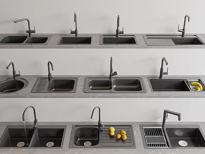 Different Design Kitchen Sinks Featuring Faucets Draining Racks And Lemon Decoration 3d model