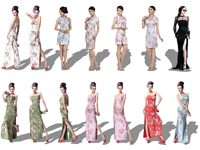 Women Wearing Various Stylish Cheongsam With Diverse Patterns And Designs 3d model