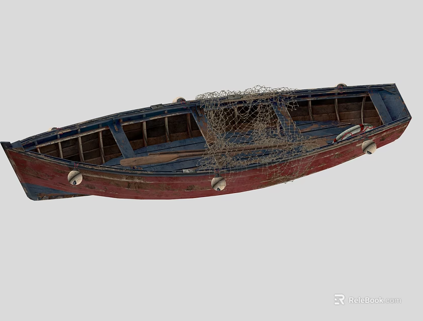 Vintage Wooden Boat With Red Blue Hull And Fishing Net On Deck 3d model 