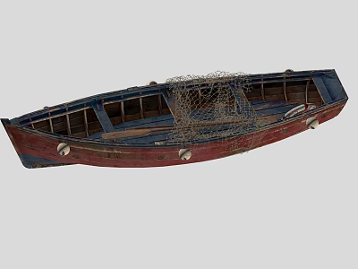 Vintage Wooden Boat With Red Blue Hull And Fishing Net On Deck 3d model