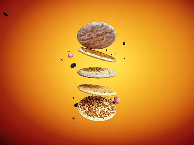 Delicious Assorted Floating Cookies On Bright Orange Background With Crunchy Particles 3d model