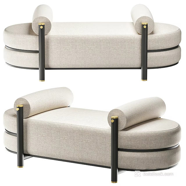 Elegant Modern Beige Linen Sofa Bench With Black Metal Legs And Gold Accents 3d model 