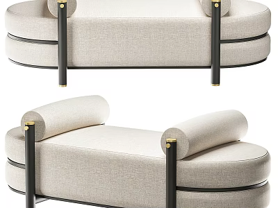 Elegant Modern Beige Linen Sofa Bench With Black Metal Legs And Gold Accents 3d model