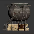 Ancient Bronze Cauldron Setup With Stone Base Wooden Ladder And Stool
