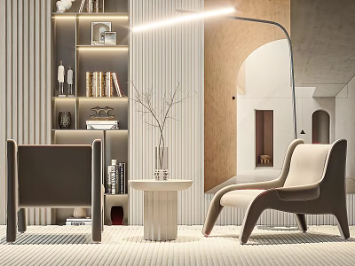 Stylish Modern Lounge Chairs In Contemporary Interior With Floor Lamp Shelves And Round Side Table 3d model