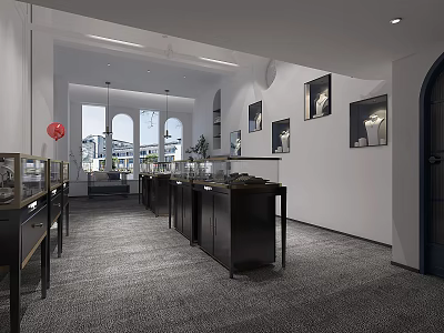 Luxury Jewelry Store Interior With Glass Display Cases Decorative Paintings And Soft Lighting 3d model