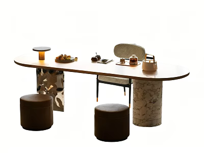 Oval Modern Tea Table With Matching Chairs Stools And Tea Set For Tea Time 3d model