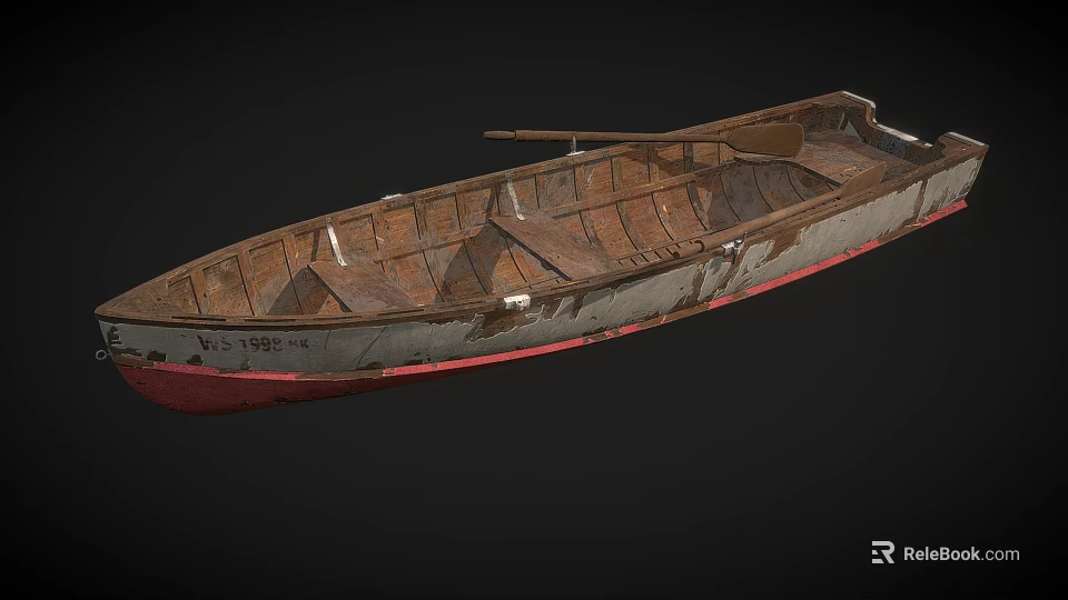 Vintage Weathered Wooden Boat With Aged Planks And Red Bottom Details 3d model 