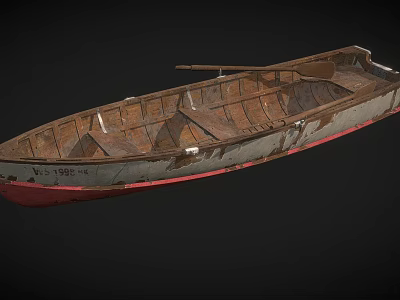 Vintage Weathered Wooden Boat With Aged Planks And Red Bottom Details 3d model