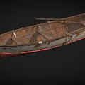 Vintage Weathered Wooden Boat With Aged Planks And Red Bottom Details