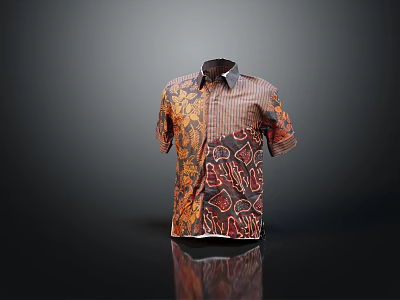Colorful Short Sleeve Shirt With Orange Brown Geometric Floral Patterns On Dark Background 3d model