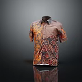 Colorful Short Sleeve Shirt With Orange Brown Geometric Floral Patterns On Dark Background
