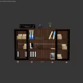 Wooden Bookcase With Glass Doors Featuring Vintage Suitcase Binders Books And Decorative Items