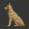 Detailed Golden Sitting Dog Statue With Textured Surface On Dark Background