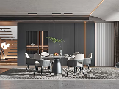 Modern Restaurant Interior Design With Dining Table Grey Chairs Green Plant And Lighting 3d model
