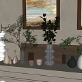 Vase with Green Plants on Console Table Ceramic Vases and Wall Art Decor