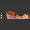 Construction Site With Orange Safety Fence Sand Red Wheelbarrow Concrete Mixer Traffic Cones Road Barriers