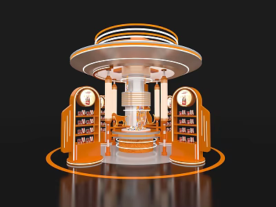 Modern Circular Display Island in Orange and White with Display Shelves and Top Lighting Strips 3d model