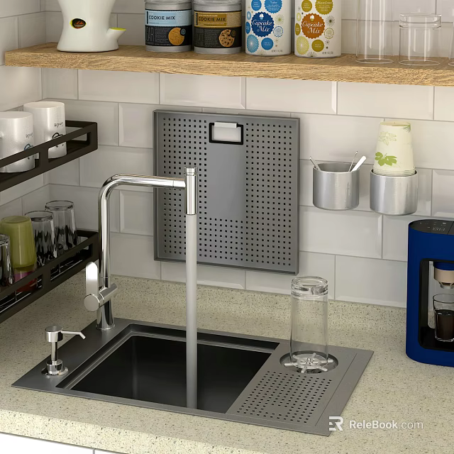 Stylish Kitchen Sink With Faucet Metal Containers Drainer Perforated Storage Board And White Tiled Wall 3d model 