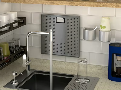 Stylish Kitchen Sink With Faucet Metal Containers Drainer Perforated Storage Board And White Tiled Wall 3d model