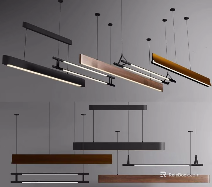 Contemporary Linear Pendant Lights In Sleek Design With Metal And Wooden Finishes 3d model 