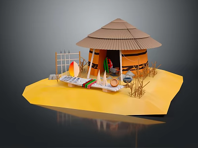 Cartoon African Thatched Hut Scene With Colorful Fabrics Clay Pots Dry Grass and Yellow Sand 3d model