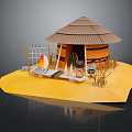 Cartoon African Thatched Hut Scene With Colorful Fabrics Clay Pots Dry Grass and Yellow Sand