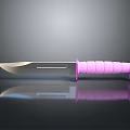 Pink Handle Tactical Knife With Silver Blade Striped Design Dark Background Reflection
