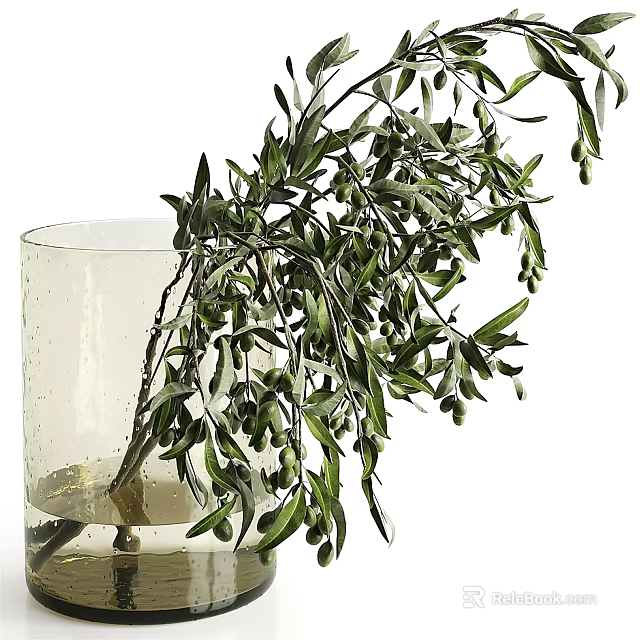 Clear Textured Glass Vase With Olive Branch Green Leaves And Olive Fruits For Home Decor 3d model 