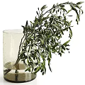 Clear Textured Glass Vase With Olive Branch Green Leaves And Olive Fruits For Home Decor