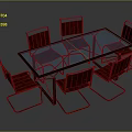 Modern Glass Top Dining Table Set With Six Red Chairs And Metal Legs