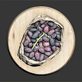 Fresh Purple And Blue Fruits in Paper Bag on Round Wooden Tray Against Dark Background