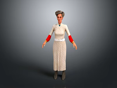 Elderly Female Game Movie Character In White Dress With Red Sleeves And Gray Hair 3d model