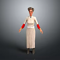 Elderly Female Game Movie Character In White Dress With Red Sleeves And Gray Hair