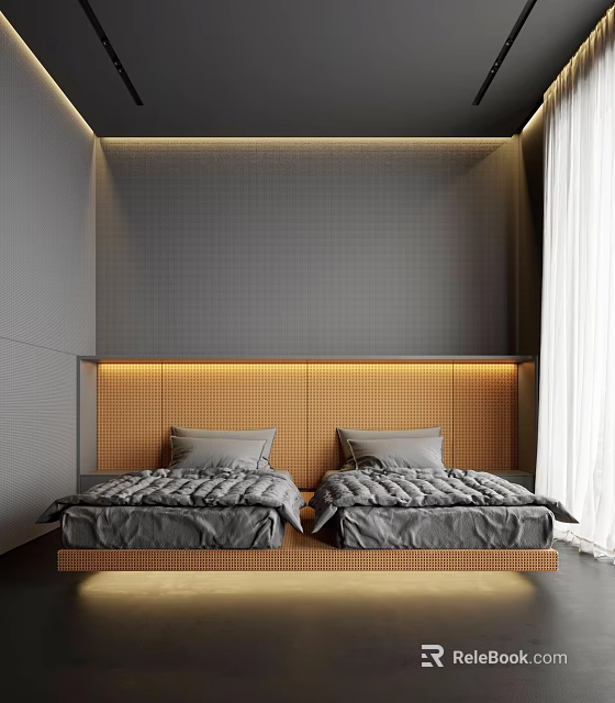Modern Kids Room With Two Single Beds Wooden Headboards Gray Bedding And Built In Lighting 3d model 