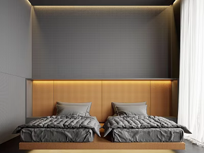 Modern Kids Room With Two Single Beds Wooden Headboards Gray Bedding And Built In Lighting 3d model