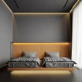 Modern Kids Room With Two Single Beds Wooden Headboards Gray Bedding And Built In Lighting