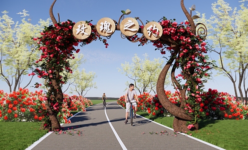 Rose Park Gate Rose Climbing Vine Plant Park Scenic Gate Red Rose Vine Sump Gate 3d model