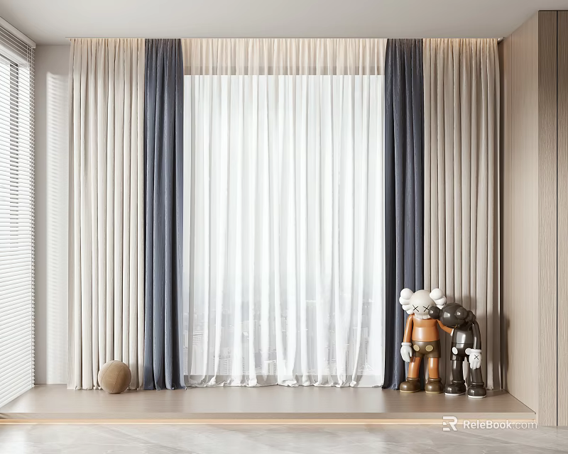 Elegant Beige Navy Blue Curtains With Sheer Panels And Stuffed Toys On Window Sill 3d model 