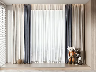 Elegant Beige Navy Blue Curtains With Sheer Panels And Stuffed Toys On Window Sill 3d model