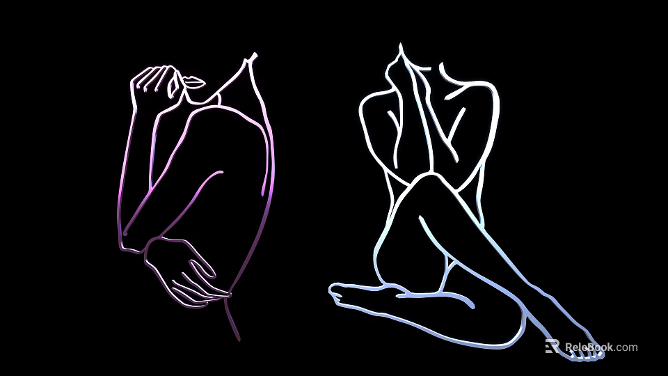 Two Women Silhouette Line Art With Purple And Blue Strokes On Black Background 3d model 