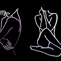 Two Women Silhouette Line Art With Purple And Blue Strokes On Black Background