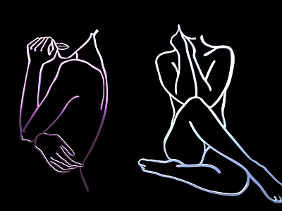 Two Women Silhouette Line Art With Purple And Blue Strokes On Black Background 3d model